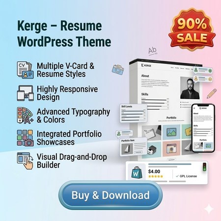 Buy Kerge – Resume WordPress Theme Sale 90% (9/2026)